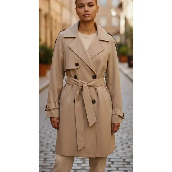 DESIGNER BATUNA BEIGE PLEATED DETAIL BELTED TRENCH COAT SIZE MED - Picture 15 of 16